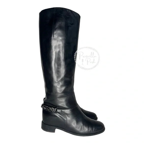 Christian Louboutin Black Leather Knee High Silver Chain Combat Boot Rubber Sole 37