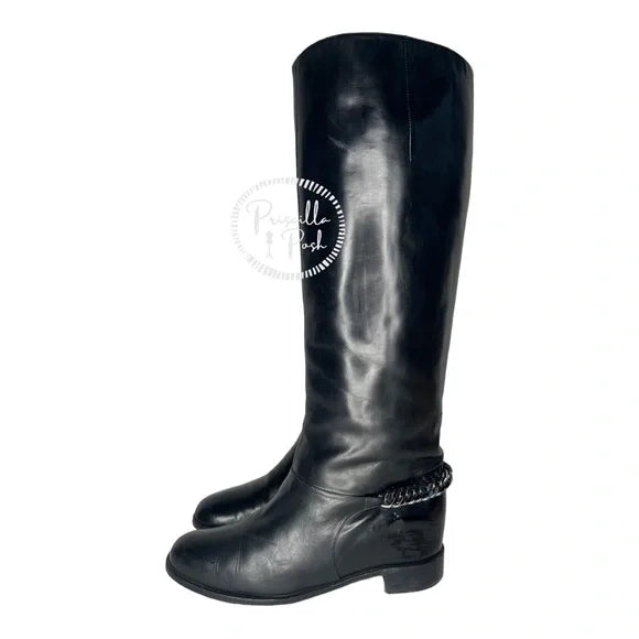Christian Louboutin Black Leather Knee High Silver Chain Combat Boot Rubber Sole 37