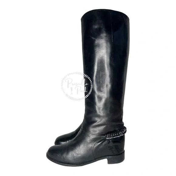 Christian Louboutin Black Leather Knee High Silver Chain Combat Boot Rubber Sole 37