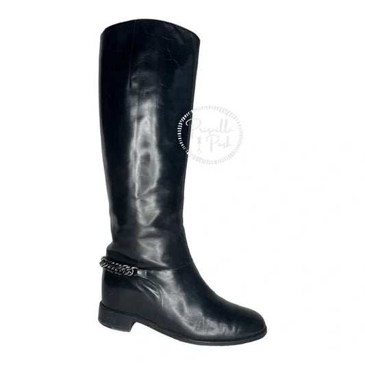 Christian Louboutin Black Leather Knee High Silver Chain Combat Boot Rubber Sole 37