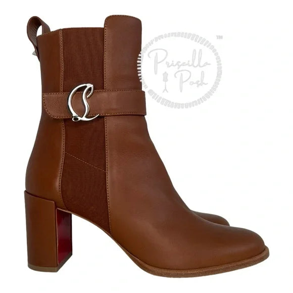 Christian Louboutin Leather 70 Chelsea Booties Chestnut Brown Block Heel 39