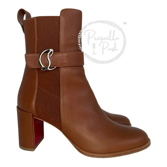 Christian Louboutin Leather 70 Chelsea Booties Chestnut Brown Block Heel 39