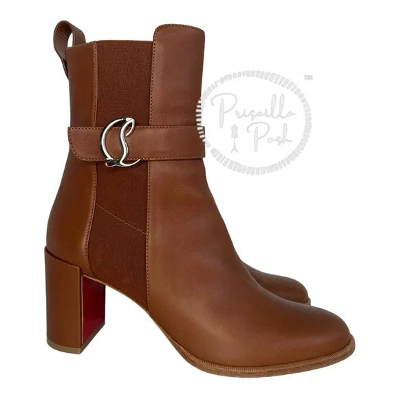 Christian Louboutin Leather 70 Chelsea Booties Chestnut Brown Block Heel 39