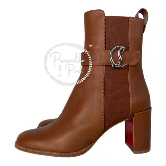 Christian Louboutin Leather 70 Chelsea Booties Chestnut Brown Block Heel 39