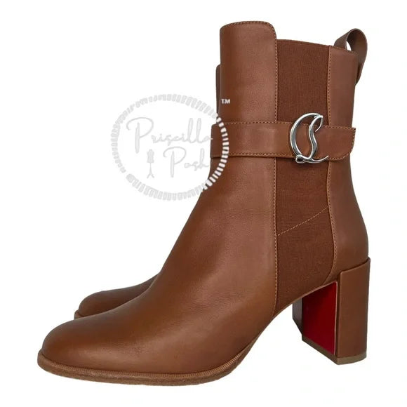 Christian Louboutin Leather 70 Chelsea Booties Chestnut Brown Block Heel 39
