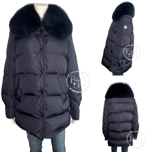 Moncler Navy Blue Long Puffer Jacket with Removable Fox Fur Collar Goose Down 1