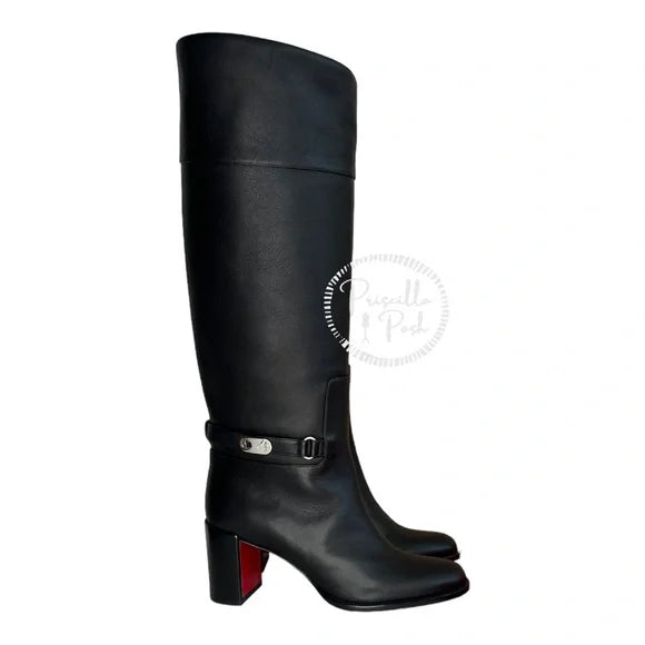 Christian Louboutin Black Lock 70 Leather Knee-high Boots Tall Block heel 39.5