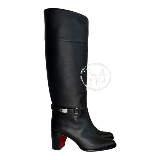 Christian Louboutin Black Lock 70 Leather Knee-high Boots Tall Block heel 36