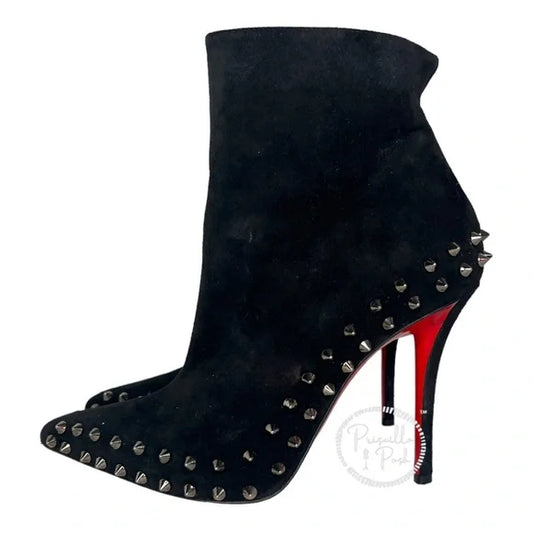 Christian Louboutin Black Boots Willetta Spiked Bootie Silver Spike Studded 37