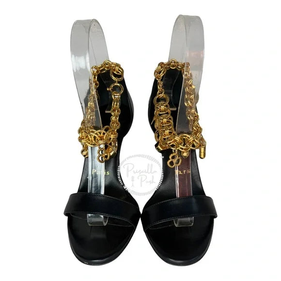 NWB Christian Louboutin Black Leather Open Toe Gold Charm Ankle Strap Sandals 36