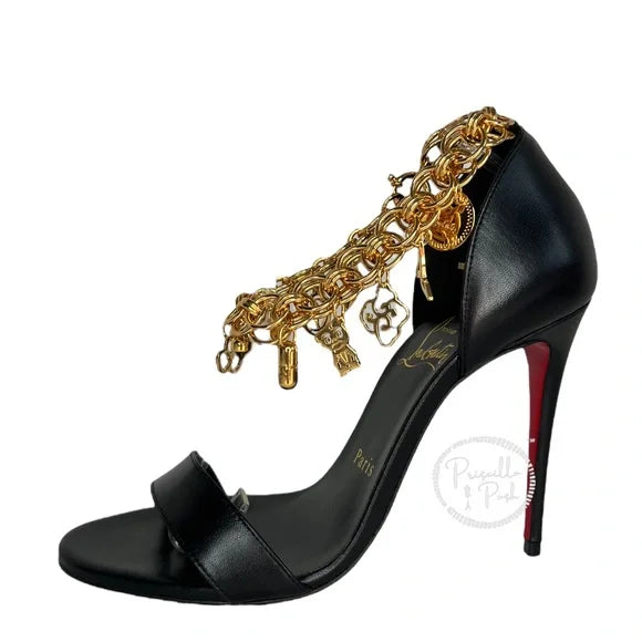 NWB Christian Louboutin Black Leather Open Toe Gold Charm Ankle Strap Sandals 36