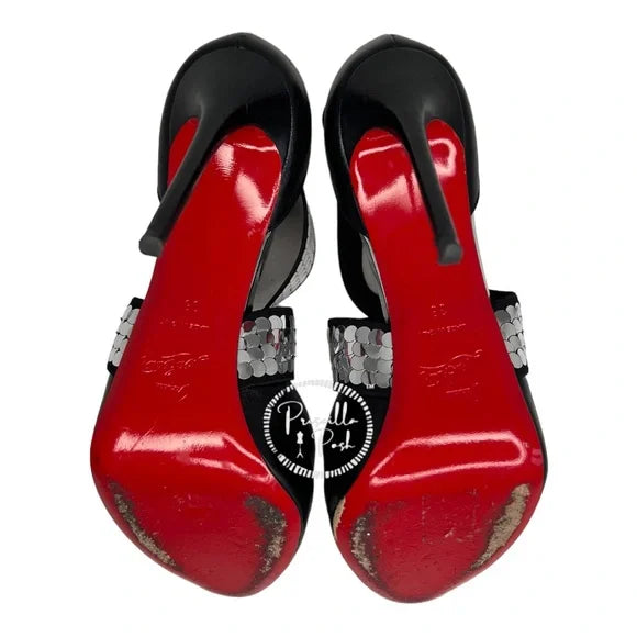 Christian Louboutin Xiletta Disco Ball Red Sole Sandals Black Silver Sequin 38
