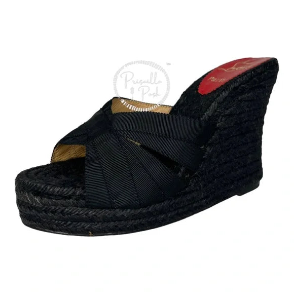 Christian Louboutin Black Espadrille Platform Wedge Sandal Slides Mule 37