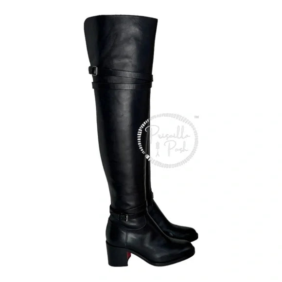 NEW Christian Louboutin Black Leather Karialta Over the Knee Boots Thigh High 36