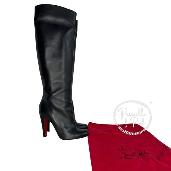 Christian Louboutin Black Leather Tall Leather Boots Over the knee block heel 37.5