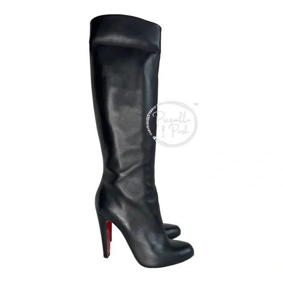 Christian Louboutin Black Leather Tall Leather Boots Over the knee block heel 37.5