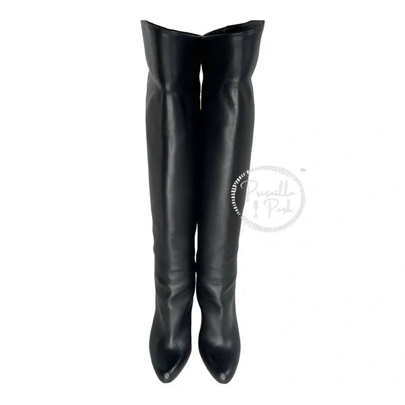 Christian Louboutin Black Leather Tall Leather Boots Over the knee block heel 37.5