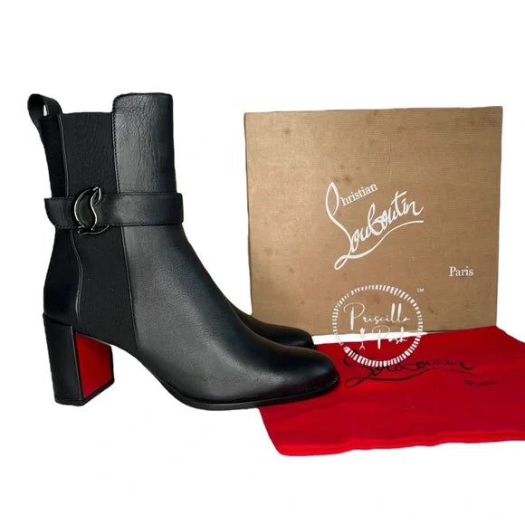 NEW Christian Louboutin CL chelsea 70 black leather booty boots square heel 40