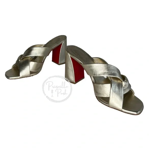 Christian Louboutin Dispo Club Leather Sandals 85 Silver Gold Metallic Heel 38