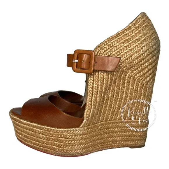 Christian Louboutin Praia 140 Espadrilles Wedges Camel Brown Platform Jute 39