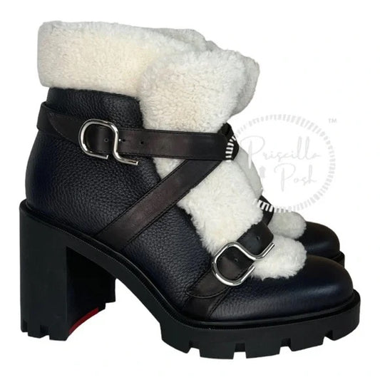 NWB Christian Louboutin Pole Chic Shearling Red Sole Combat Booties, Black 41