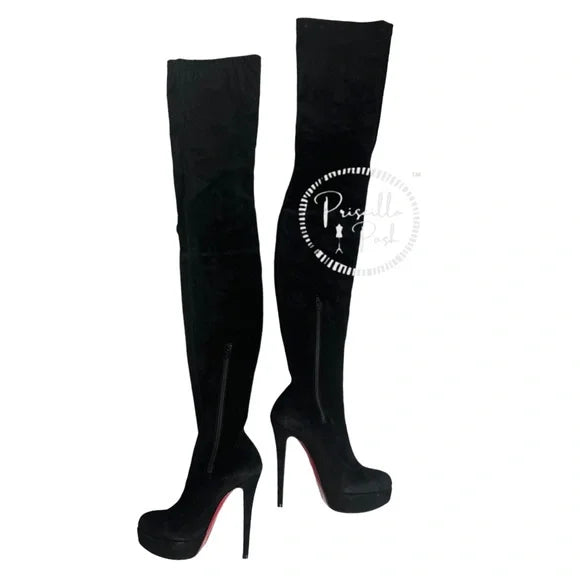 NEW Christian Louboutin Black Suede Gazolina Suede Over The Knee Boots 36.5