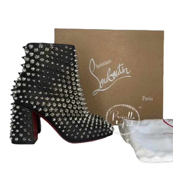 NWB Christian Louboutin Calfskin Louise Capet Spikes 85 Boots Black Silver Stud 36