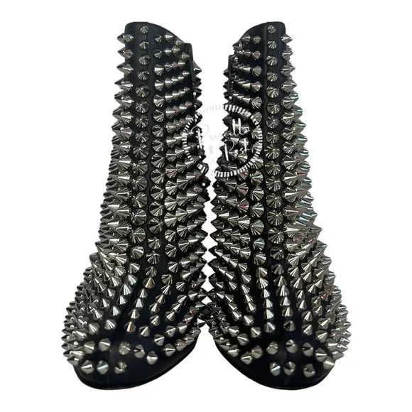 NWB Christian Louboutin Calfskin Louise Capet Spikes 85 Boots Black Silver Stud 36