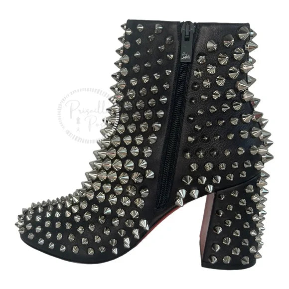 NWB Christian Louboutin Calfskin Louise Capet Spikes 85 Boots Black Silver Stud 36