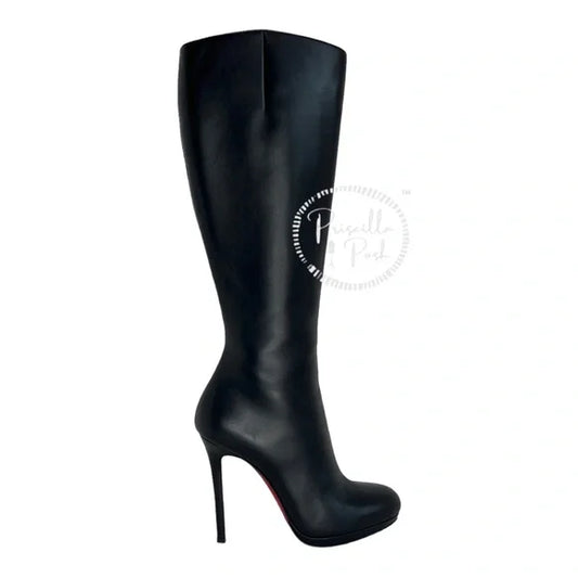 Christian Louboutin Black Leather Knee High Botta Red Sole Knee Boot 39.5