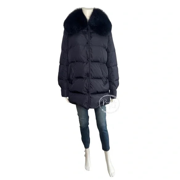 Moncler Navy Blue Long Puffer Jacket with Removable Fox Fur Collar Goose Down 1