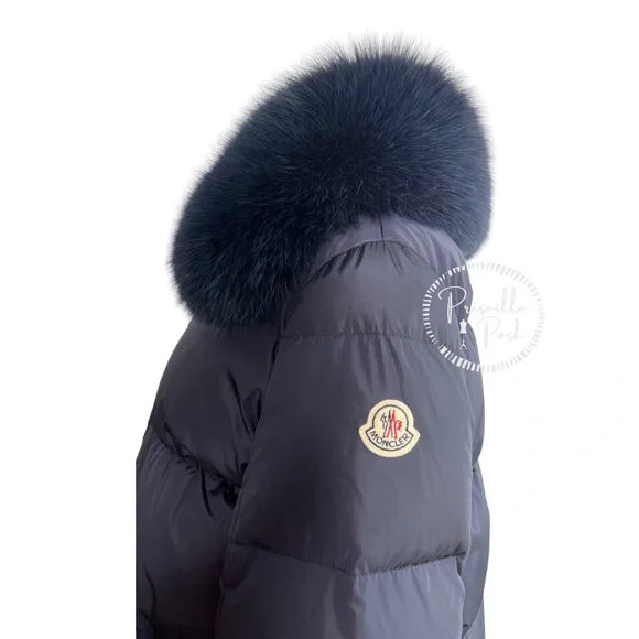 Moncler Navy Blue Long Puffer Jacket with Removable Fox Fur Collar Goose Down 1