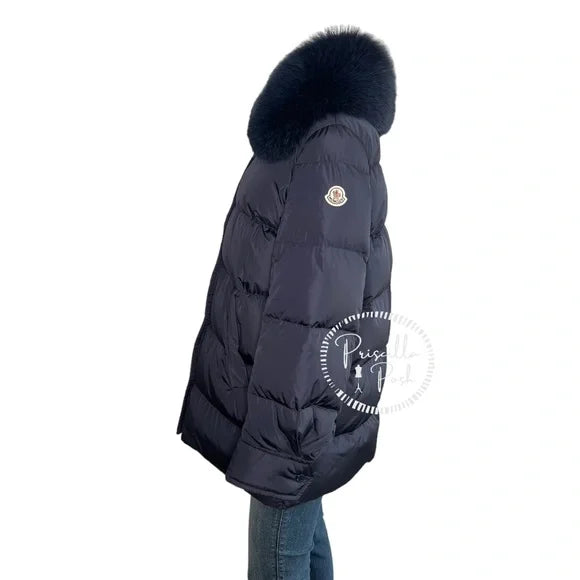 Moncler Navy Blue Long Puffer Jacket with Removable Fox Fur Collar Goose Down 1