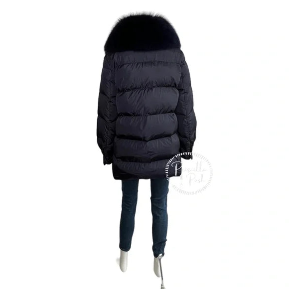 Moncler Navy Blue Long Puffer Jacket with Removable Fox Fur Collar Goose Down 1