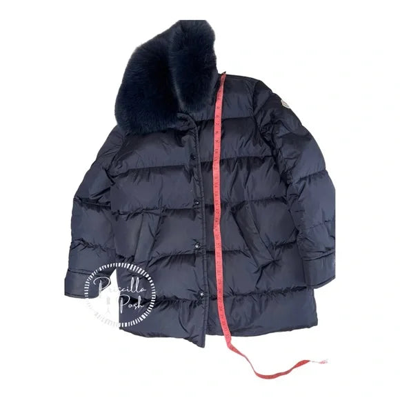 Moncler Navy Blue Long Puffer Jacket with Removable Fox Fur Collar Goose Down 1