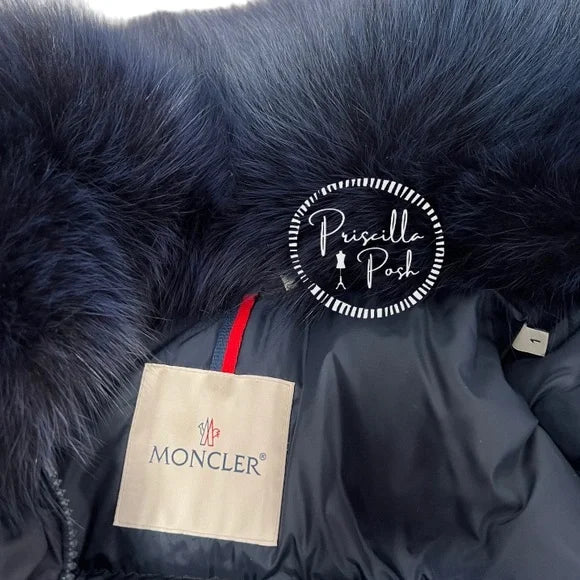 Moncler Navy Blue Long Puffer Jacket with Removable Fox Fur Collar Goose Down 1