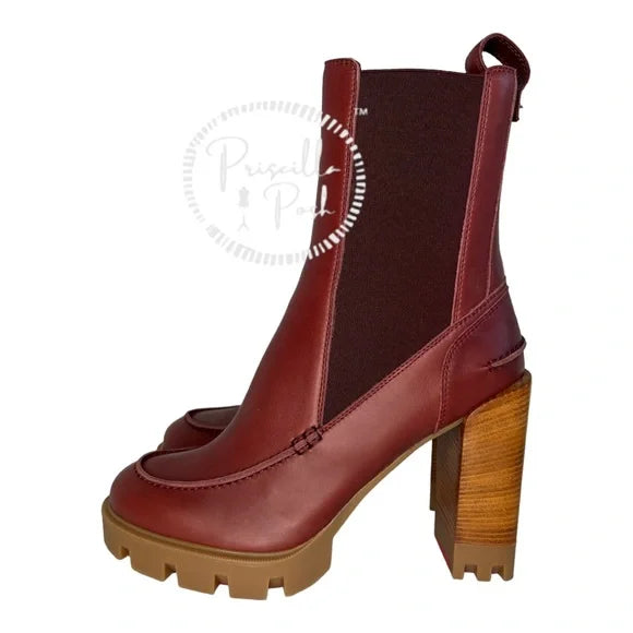 NWB Christian Louboutin Glory Leather Red Sole Chelsea Booties Chestnut Brown 40
