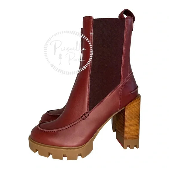 NWB Christian Louboutin Glory Leather Red Sole Chelsea Booties Chestnut Brown 40