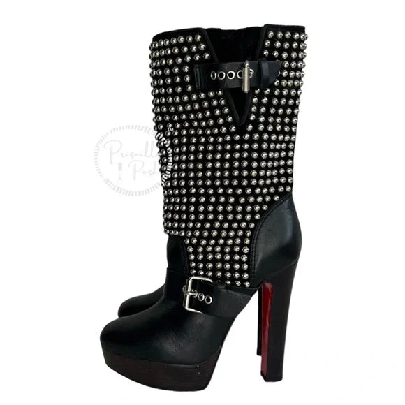 Christian Louboutin Marisa Silver Studded Platform Boot Moto Combat 35.5