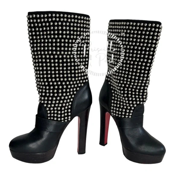 Christian Louboutin Marisa Silver Studded Platform Boot Moto Combat 35.5