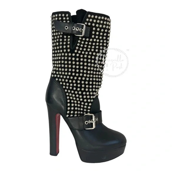 Christian Louboutin Marisa Silver Studded Platform Boot Moto Combat 35.5