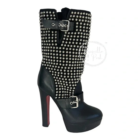 Christian Louboutin Marisa Silver Studded Platform Boot Moto Combat 35.5