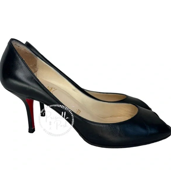 Christian Louboutin Black Leather Peep Toe Kitten Heel Pumps Heels 38.5