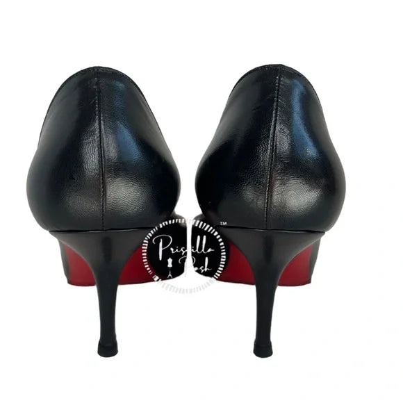 Christian Louboutin Black Leather Peep Toe Kitten Heel Pumps Heels 38.5