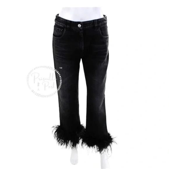 PRADA Ostrich Feather-Cuff Straight-Leg Jeans Black