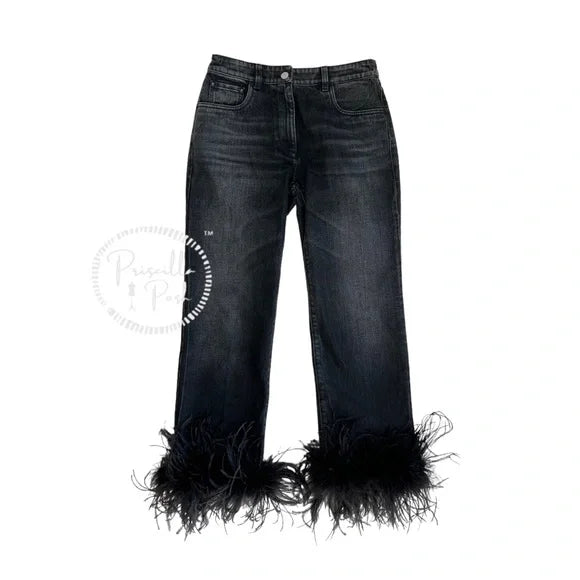PRADA Ostrich Feather-Cuff Straight-Leg Jeans Black
