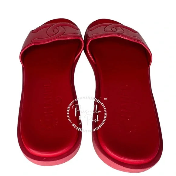 Chanel Red Patent Maxi Cc Logo Mules Slides 35 Red Pink Coral Sandals