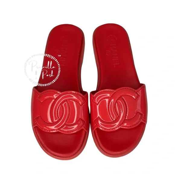 Chanel Red Patent Maxi Cc Logo Mules Slides 35 Red Pink Coral Sandals