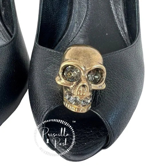Alexander McQueen Skull Peep Toe Pumps Gold Skull Crystals Black Leather 37