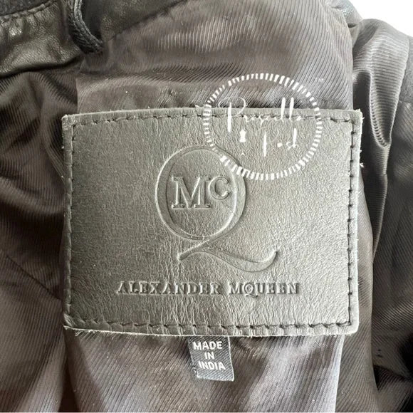 Alexander McQueen Black Leather Jacket Belted Waist Peplum Hem Moto Jacket Alexander McQueen